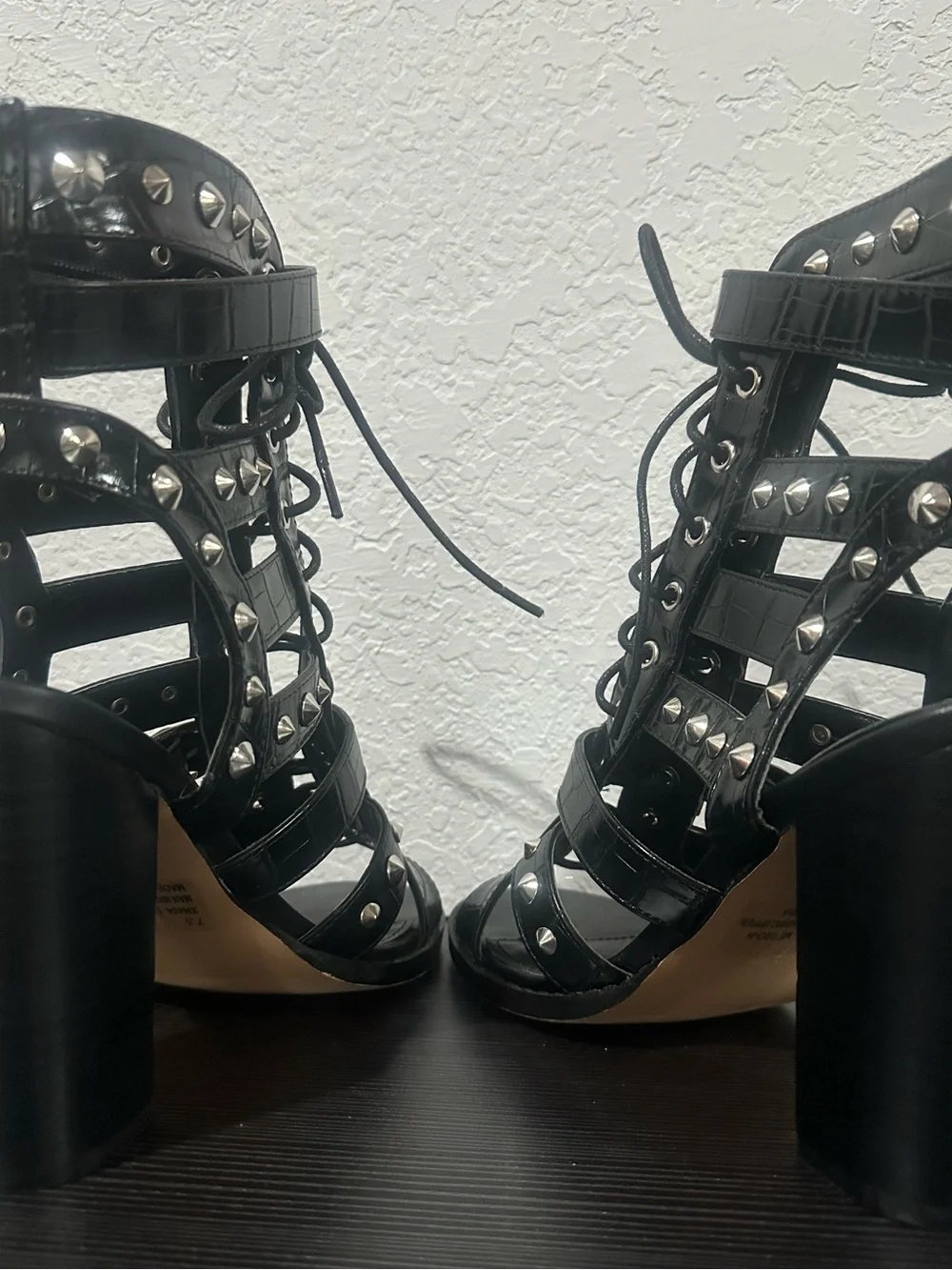 Fashion Nova Black Studded Cage Lace-Up Heels size 7.5